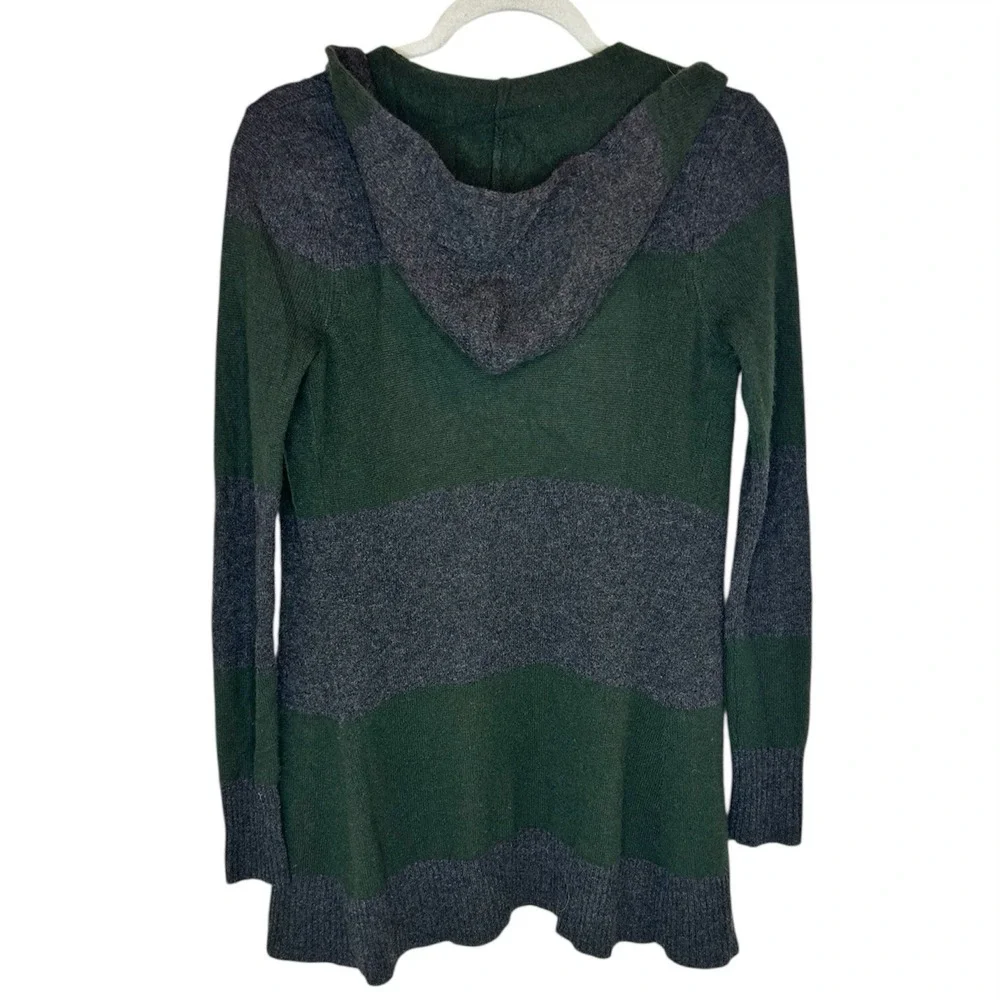 AQUA Cashmere Cardigan Sweater Hoodie XS Green Gray Stripes Open Front Luxury‎